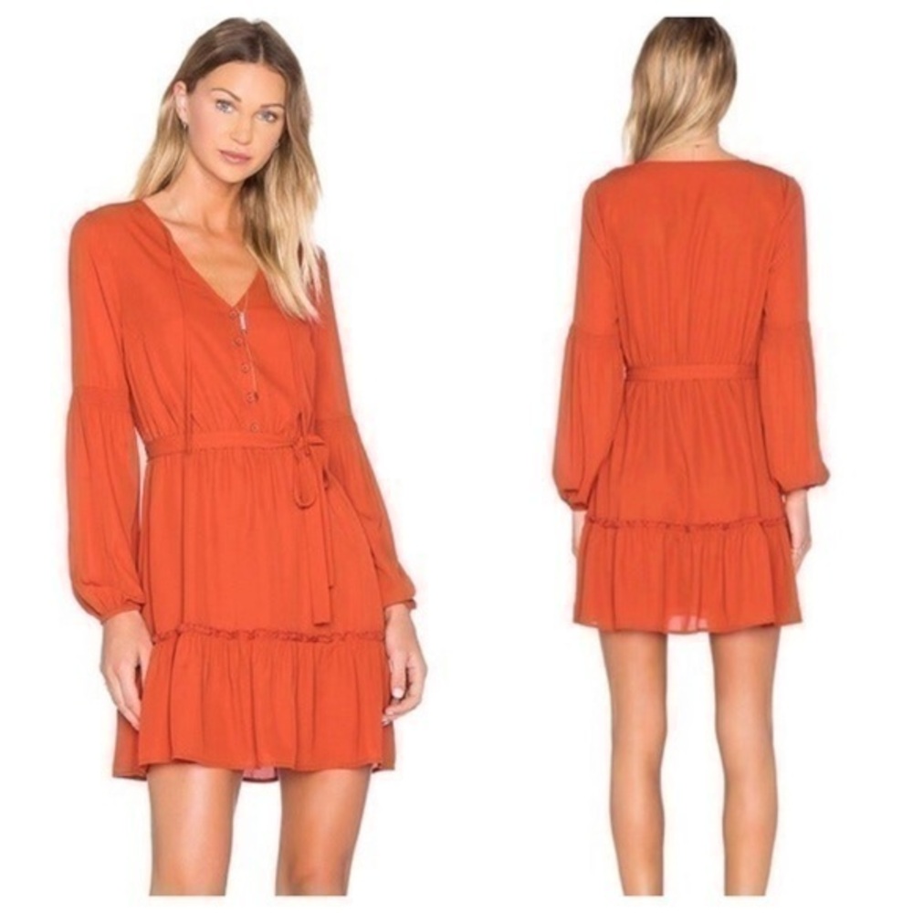 NWT Jack by BB Dakota Mayella Rust Blouson Tie Neck Belted Long Sleeve Dress V22